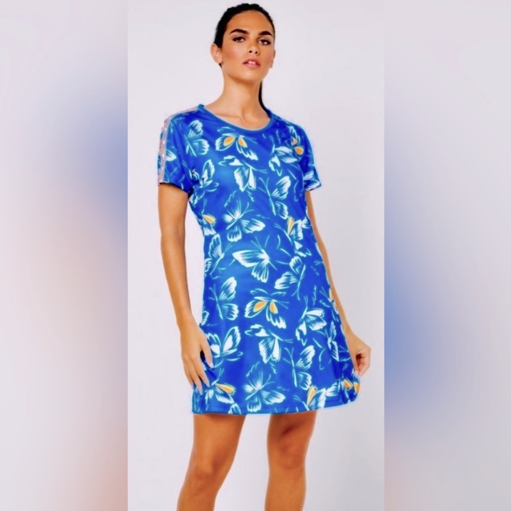 Adidas/Farm Rio Colab Blue Butterfly Shift Dress Adidas Shoulder Stripe B1